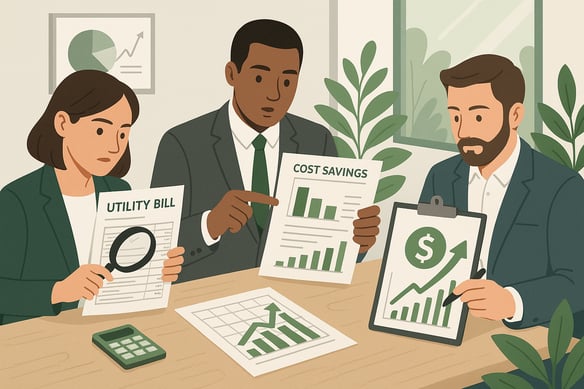 In a modern office, audit experts review utility bills and financial charts, uncovering cost savings and refunds. A prominent green arrow highlights successful recoveries in a sustainability-focused business setting.