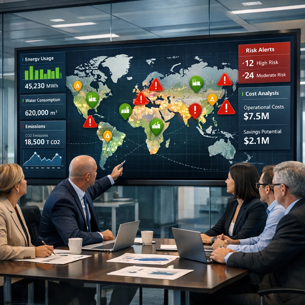 Corporate M&A team in a glass-walled conference room reviewing digital dashboards that overlay utility data, building emissions, and risk flags on a world map of acquired facilities.